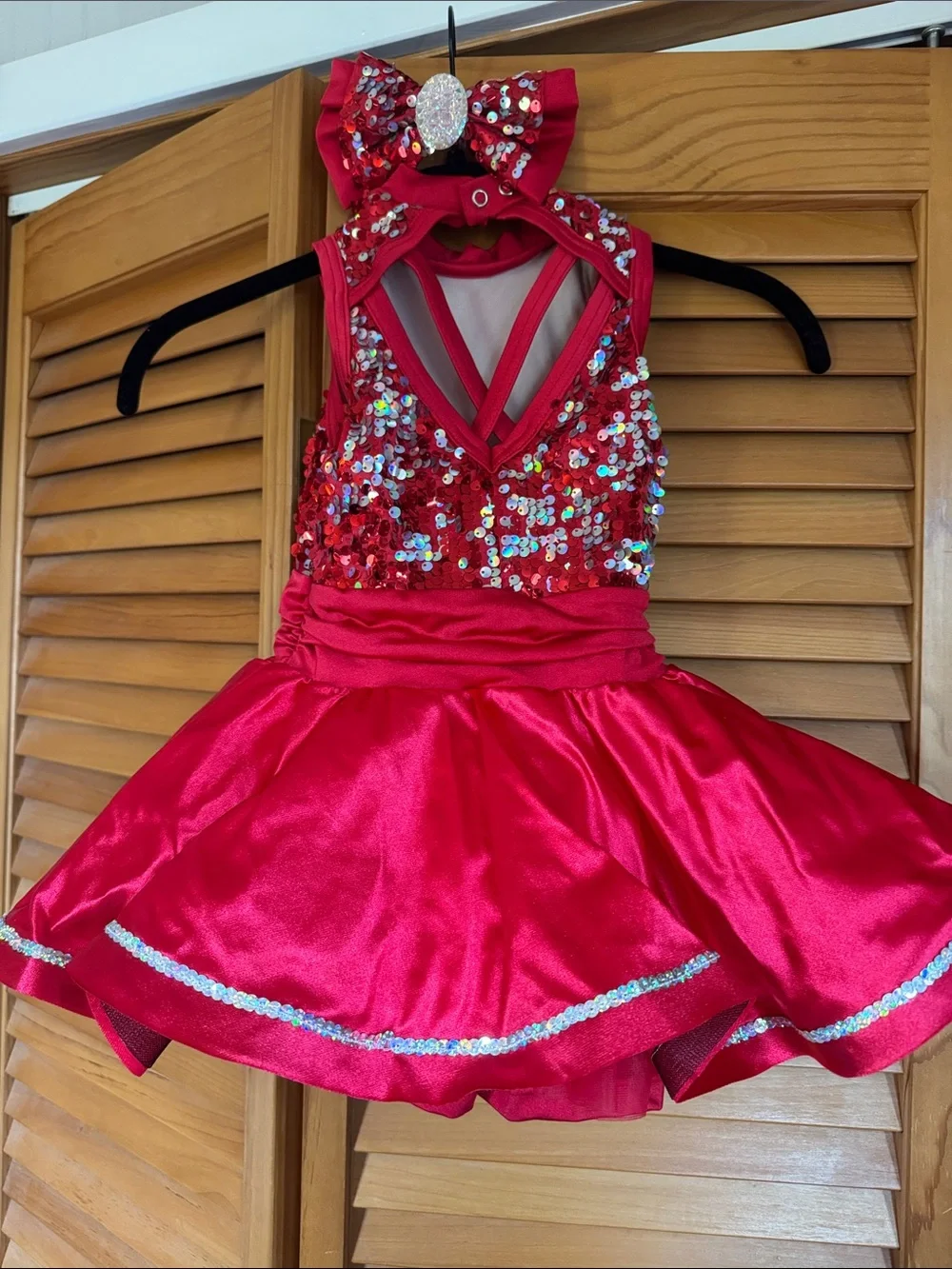 Girls Sparkle Red Sequin Dance Costume with Heart Waist Accent